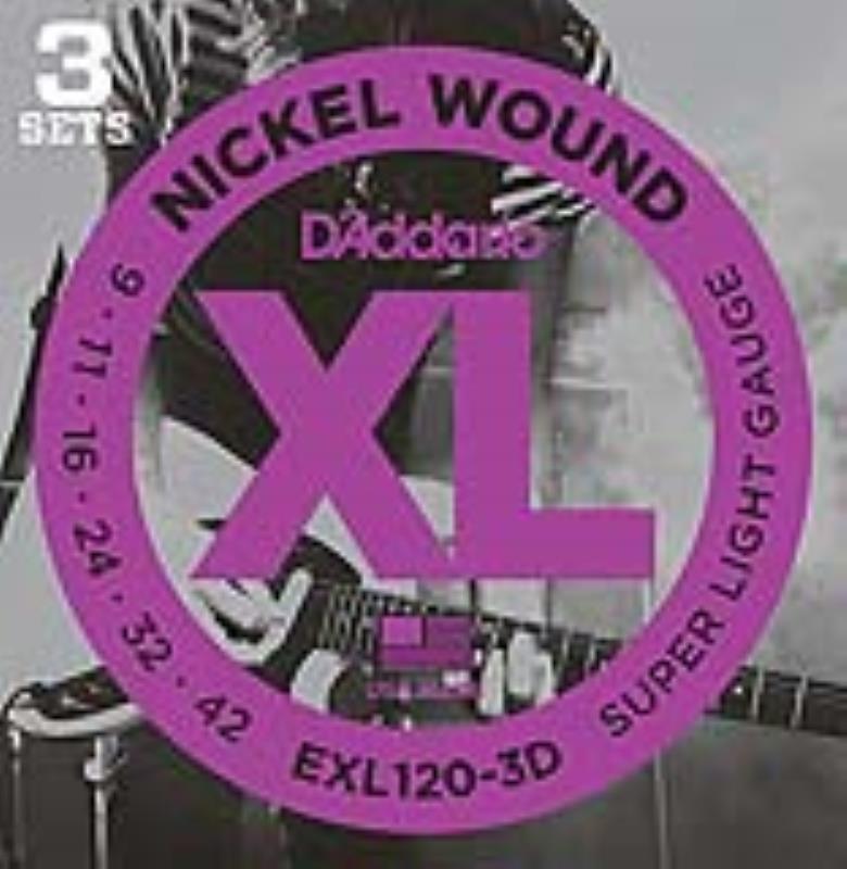 D'Addario EXL120-3D Nickel Wound Electric, Super Light, 9-42, 3 Pack Electric Guitar String