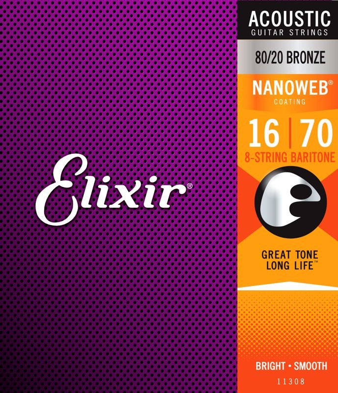 Elixir 11308 80/20 Bronze Nanoweb Acoustic, 8-String Baritone, 16-70