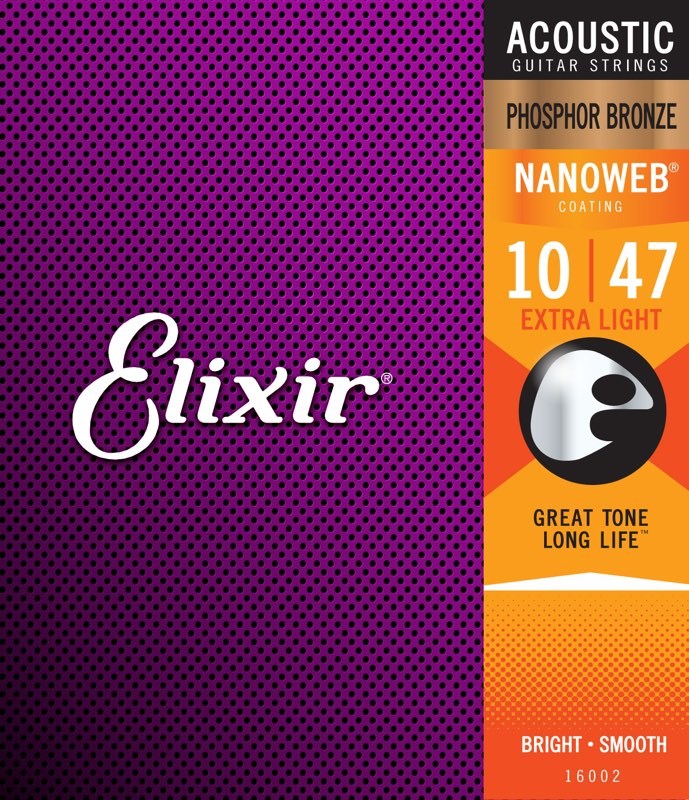 Elixir 16002 Phosphor Bronze Nanoweb Acoustic, Extra Light, 10-47