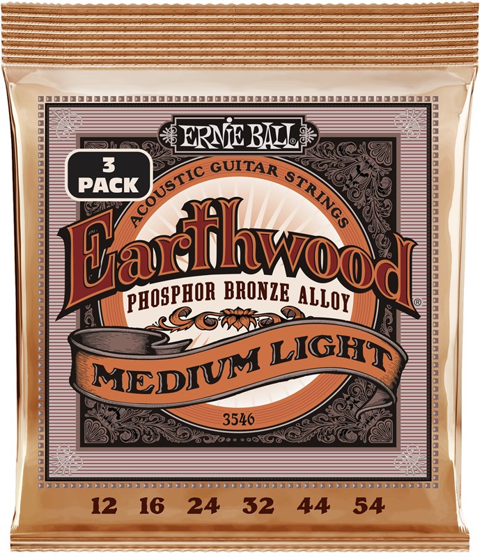 Ernie Ball 3546 Earthwood Phosphor Bronze Medium/Light, 12-54, 3 Pack