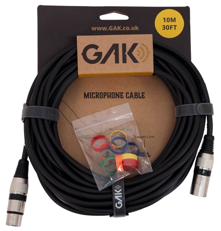 GAK XLR Male to Female Microphone Cable, 10m, Black Microphone Lead