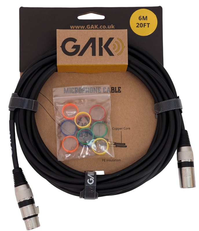 GAK XLR Male to Female Microphone Cable, 6m, Black Microphone Lead