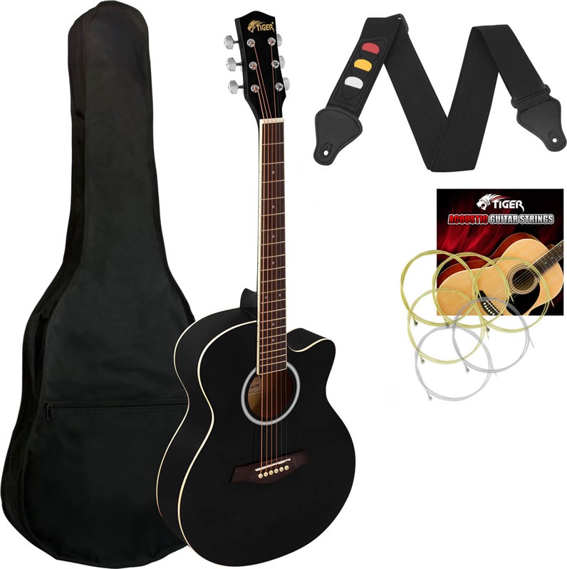Tiger ACG1 Small Body Acoustic Guitar for Beginners, Black