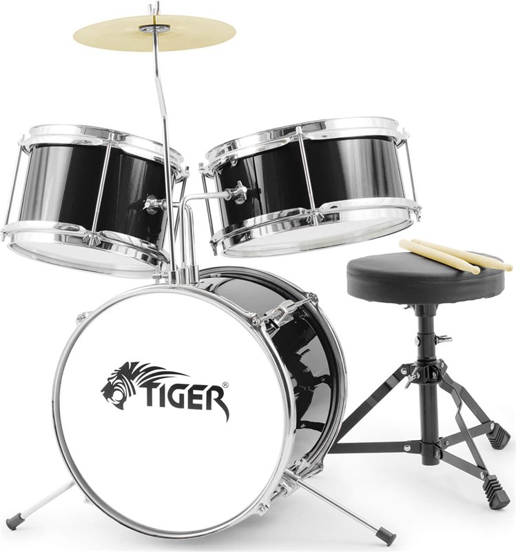 Tiger JDS7 3 Piece Junior Drum Kit with Stool, Black