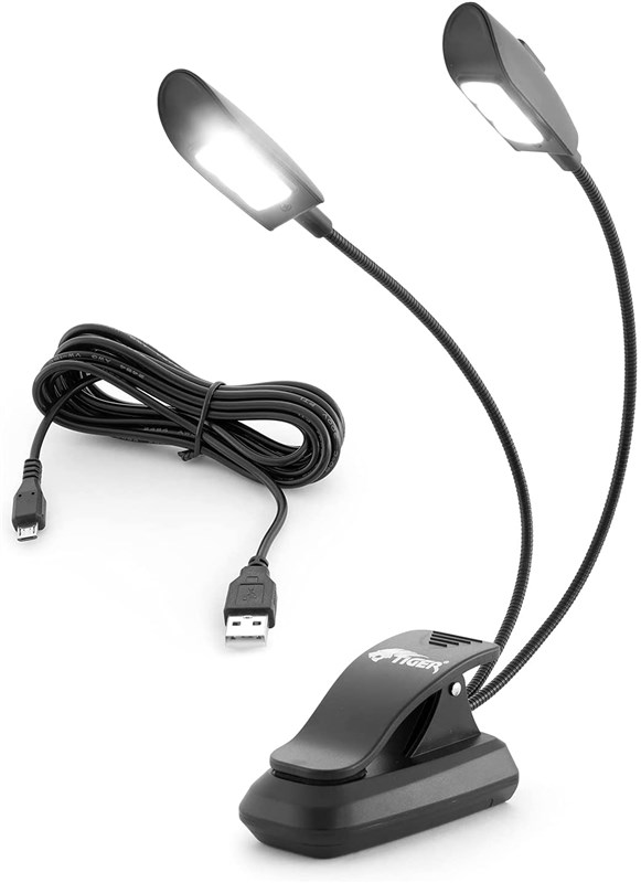 Tiger MSL35-6BT Dual Head Music Stand Light with 6x LEDs Clip-On Portable Book Lamp with Flexible Gooseneck, Black